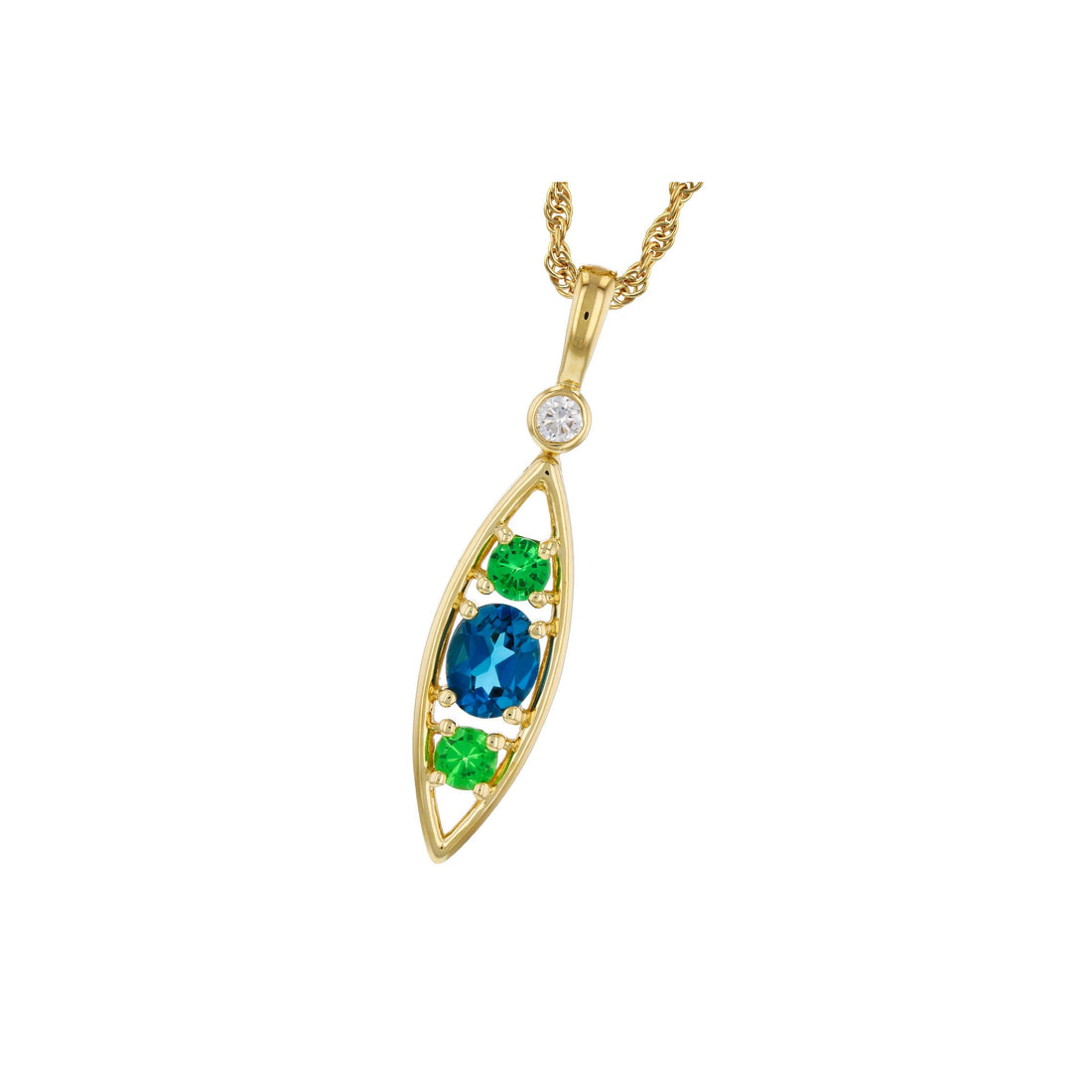 14KT Gold Blue Topaz & Green Garnet Necklace