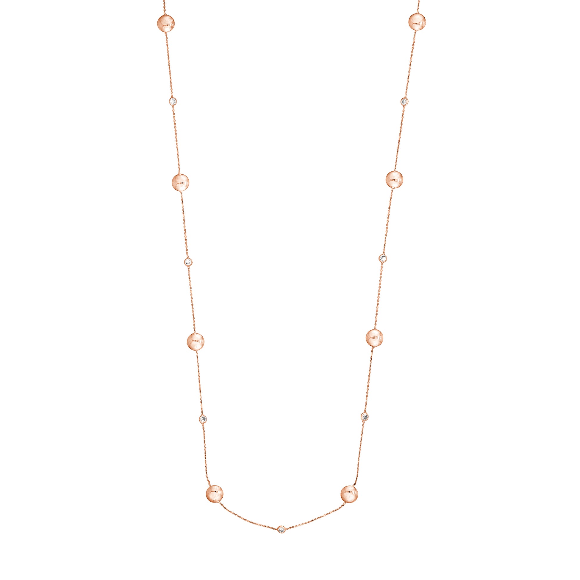 Sterling Silver Polished Bead and CZ Station Long Necklace