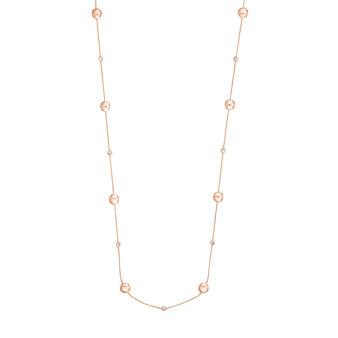 Sterling Silver Polished Bead and CZ Station Long Necklace