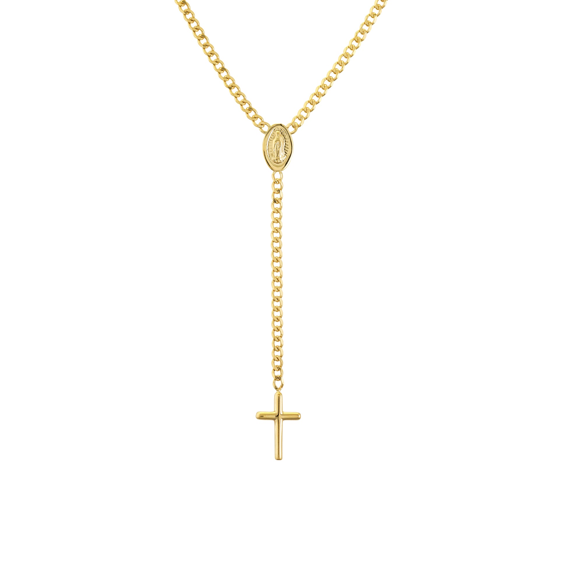Mary and Cross Curb Chain Lariat Necklace