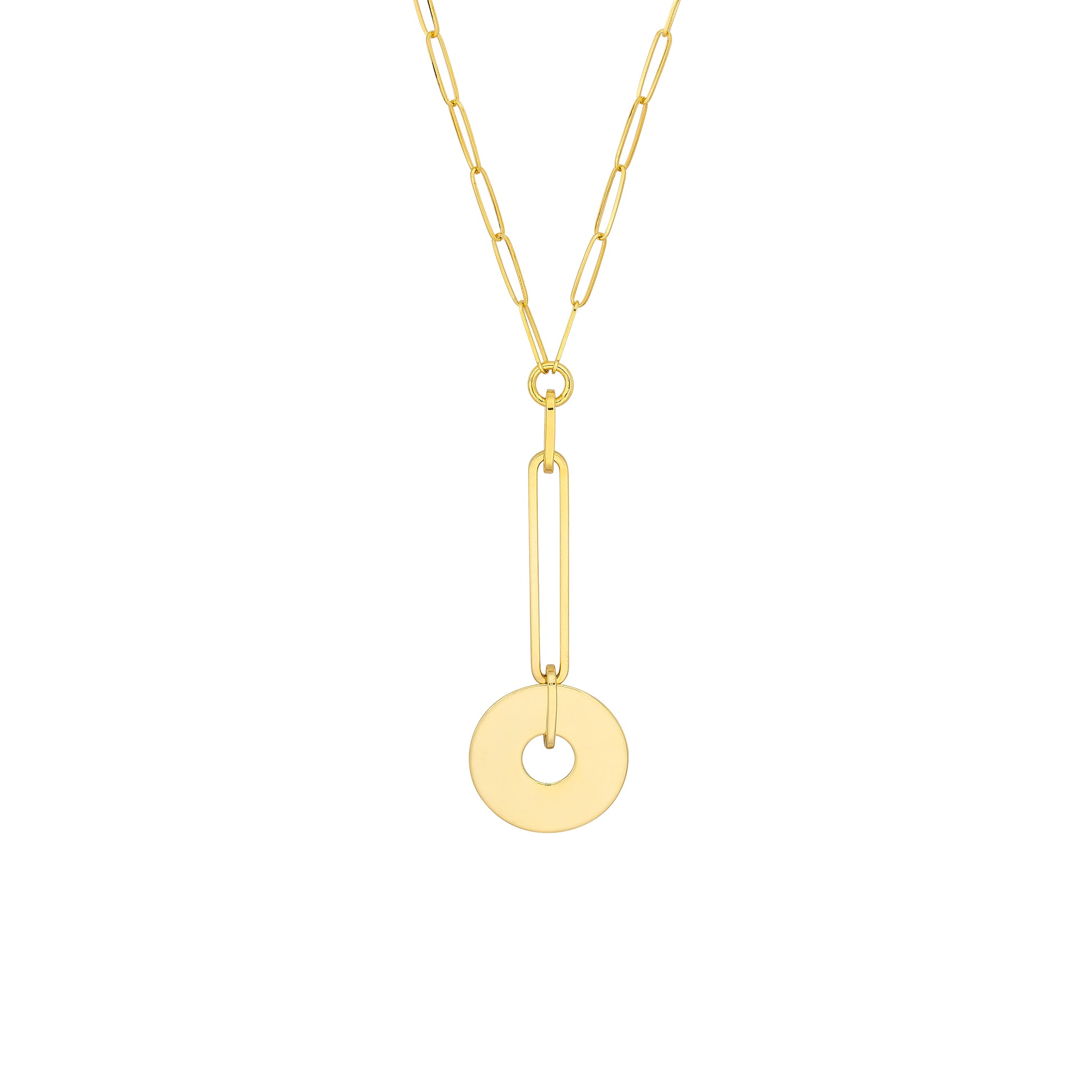 Paper Clip Chain Y-Necklace with Disc Drop