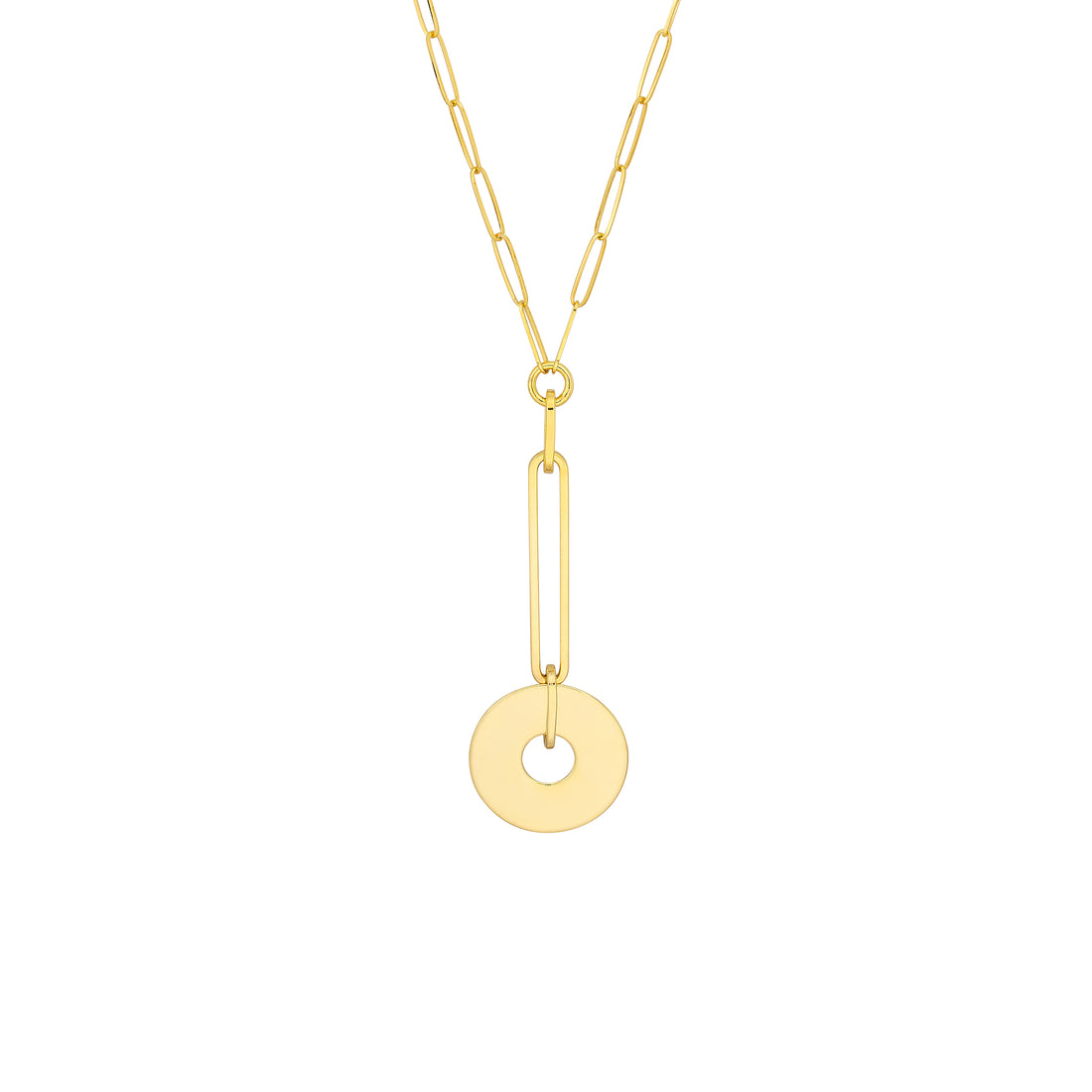 Paper Clip Chain Y-Necklace with Disc Drop