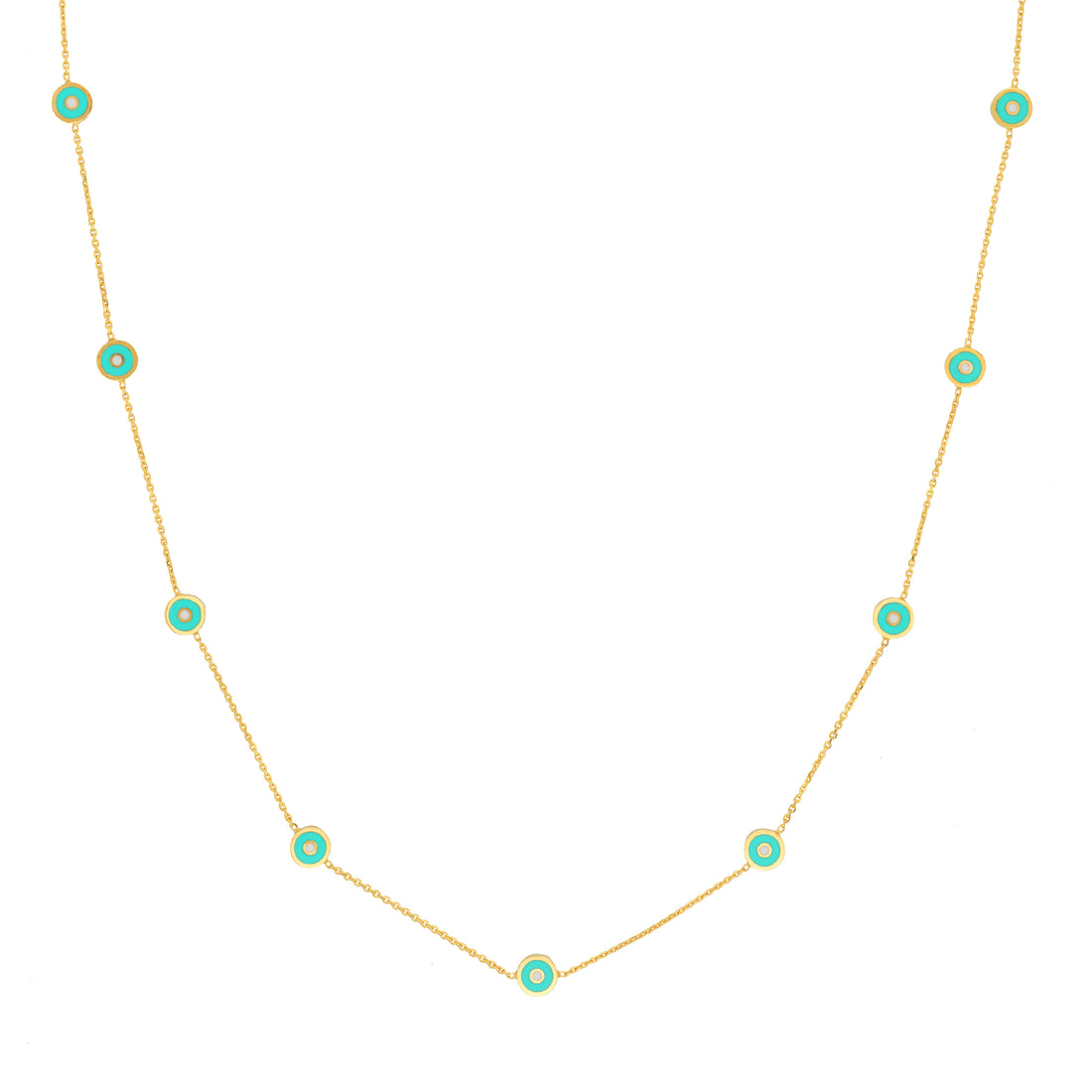 Lt. Turquoise Enamel Round Evil Eye Station Necklace