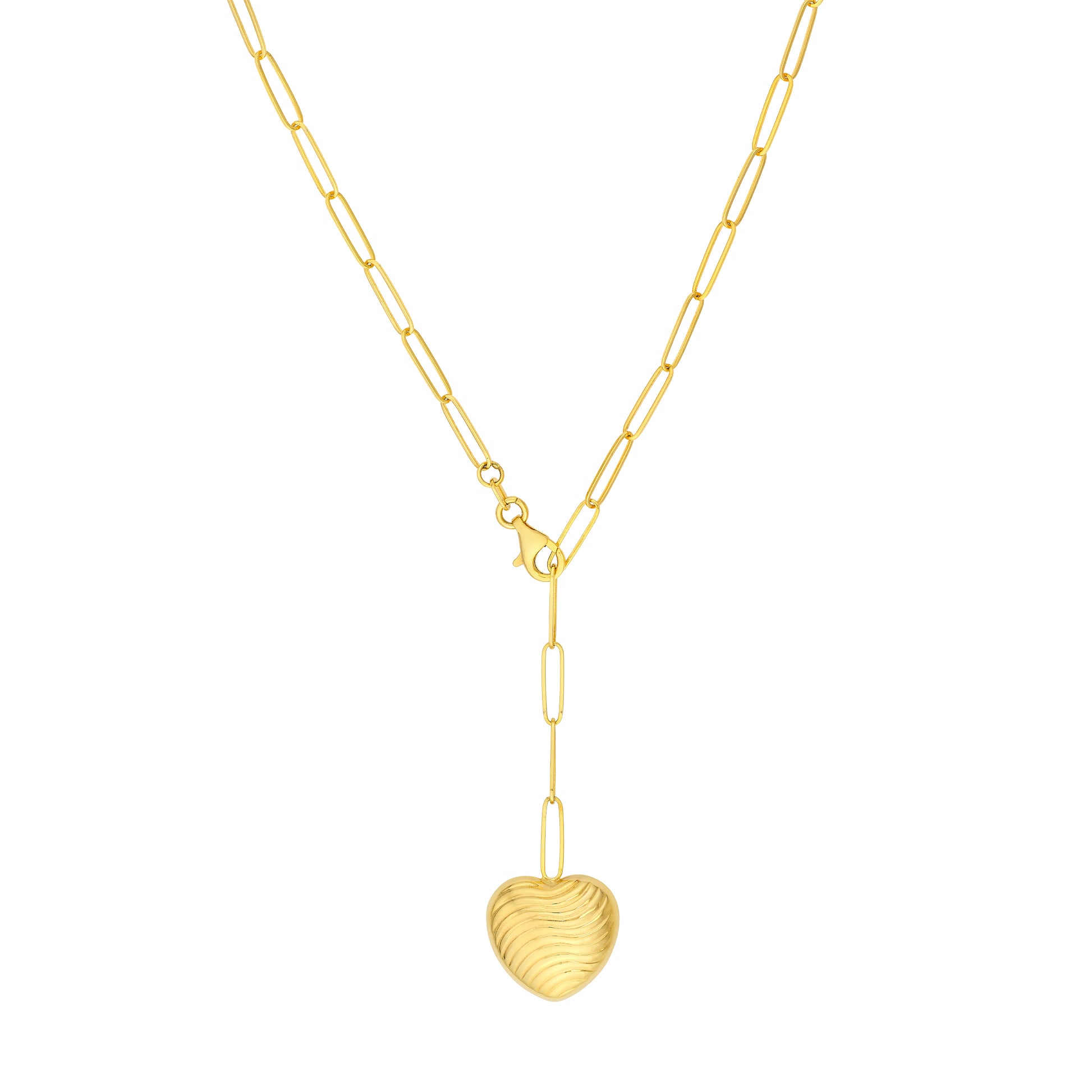Textured Puff Heart Paper Clip Lariat Necklace