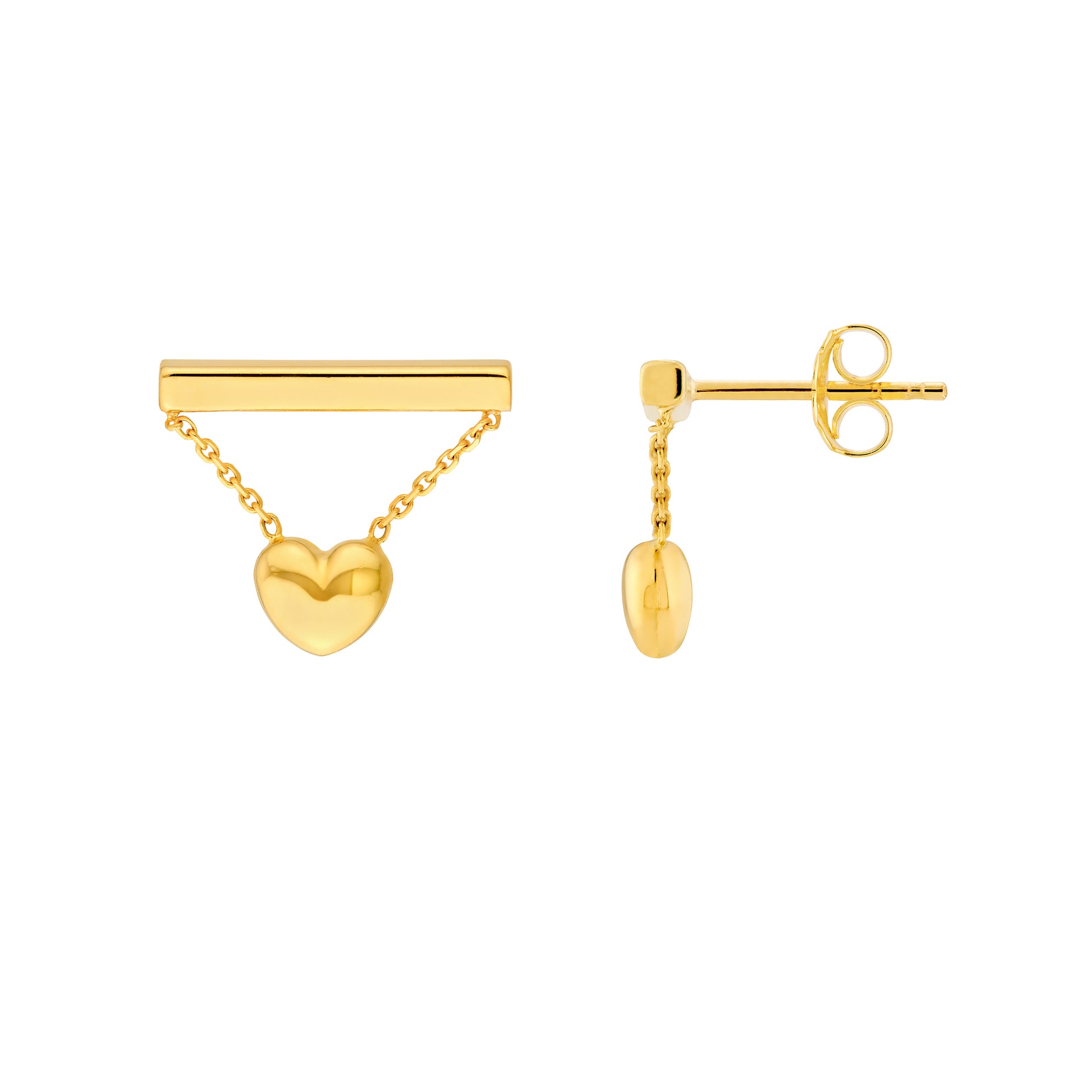 Horizontal Bar Earrings with Dangle Heart Chain