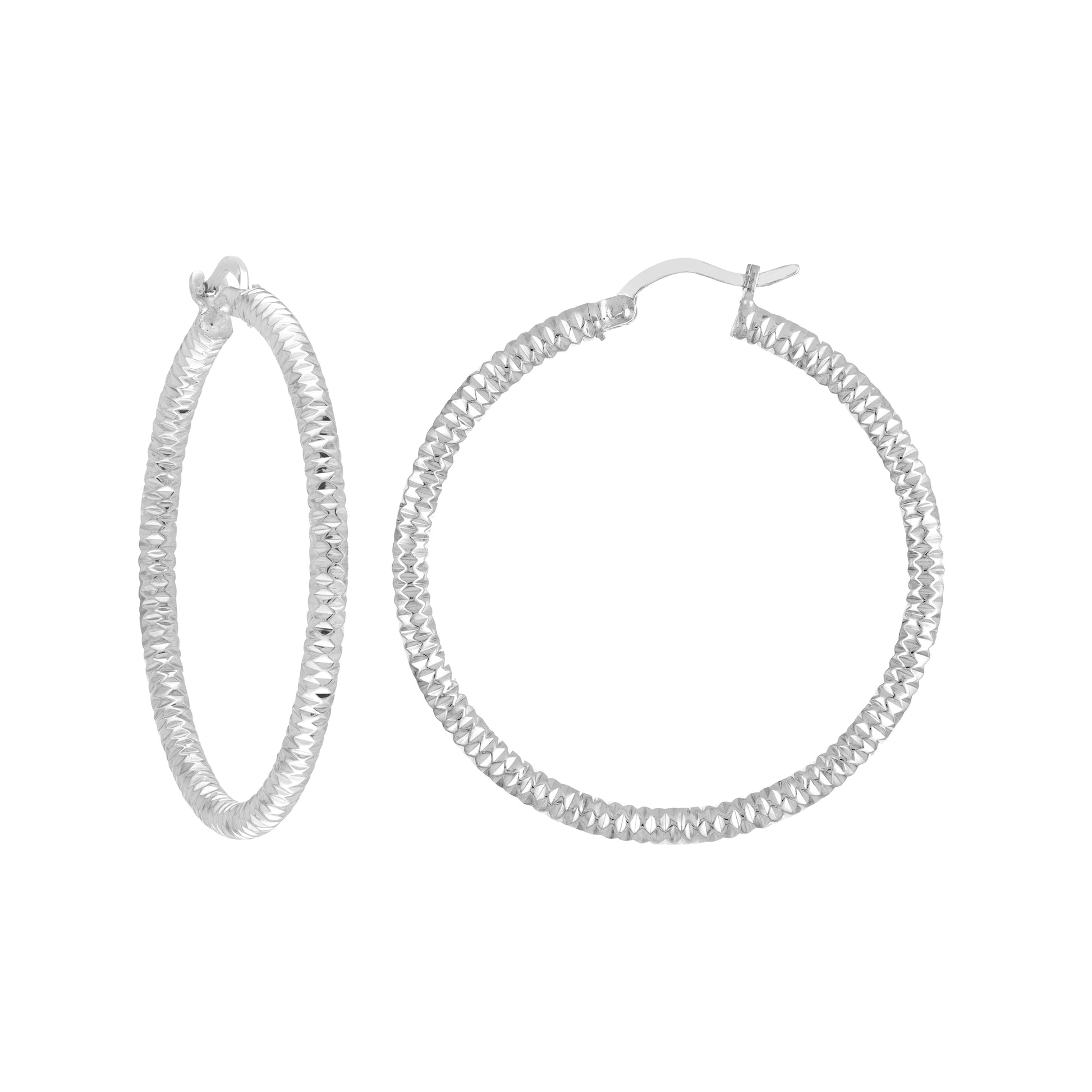 Sterling Silver 3mm x 30mm Diamond-Cut Rhodium Hoop Earrings