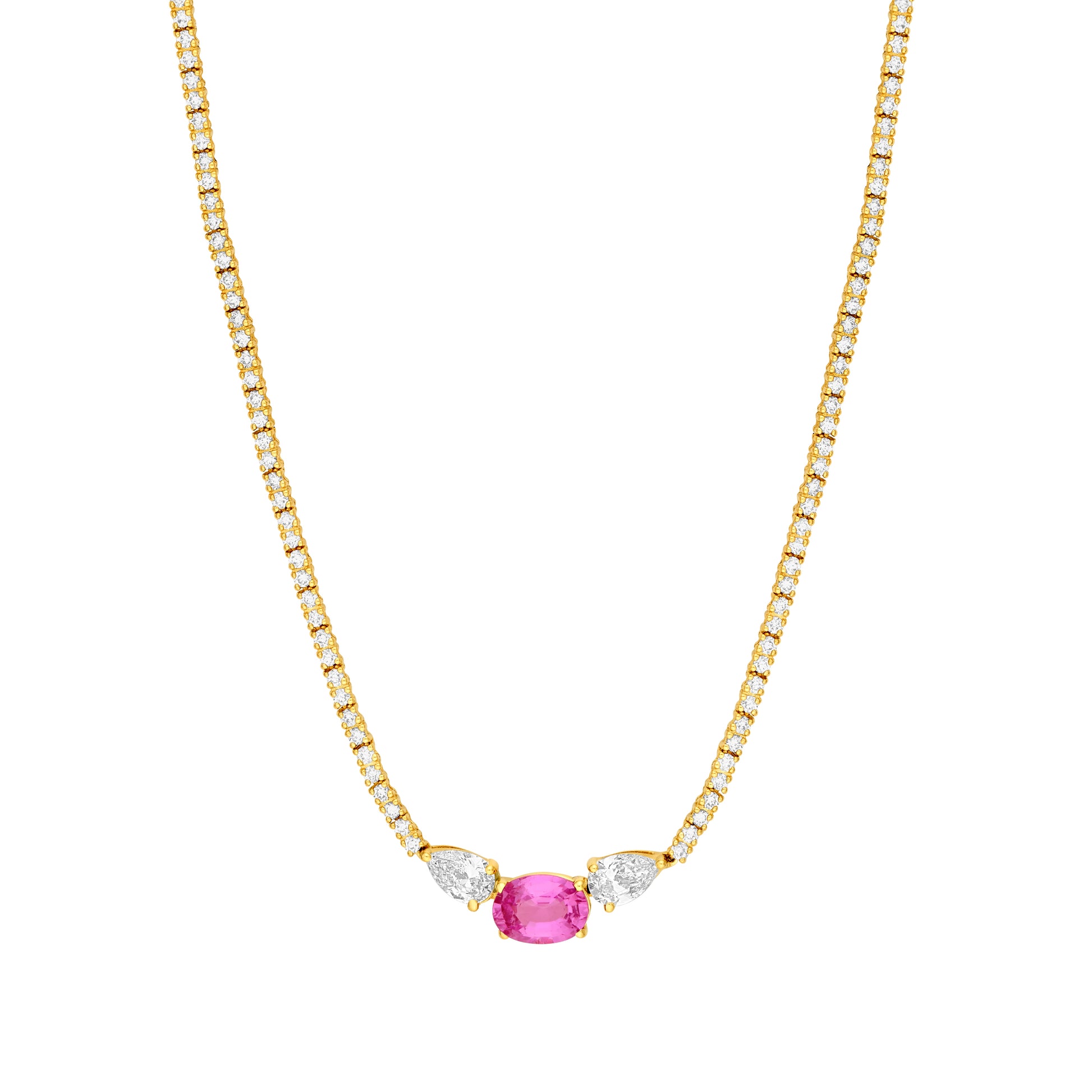 Oval Pink Sapphire and Pear Diamond Tennis Necklace