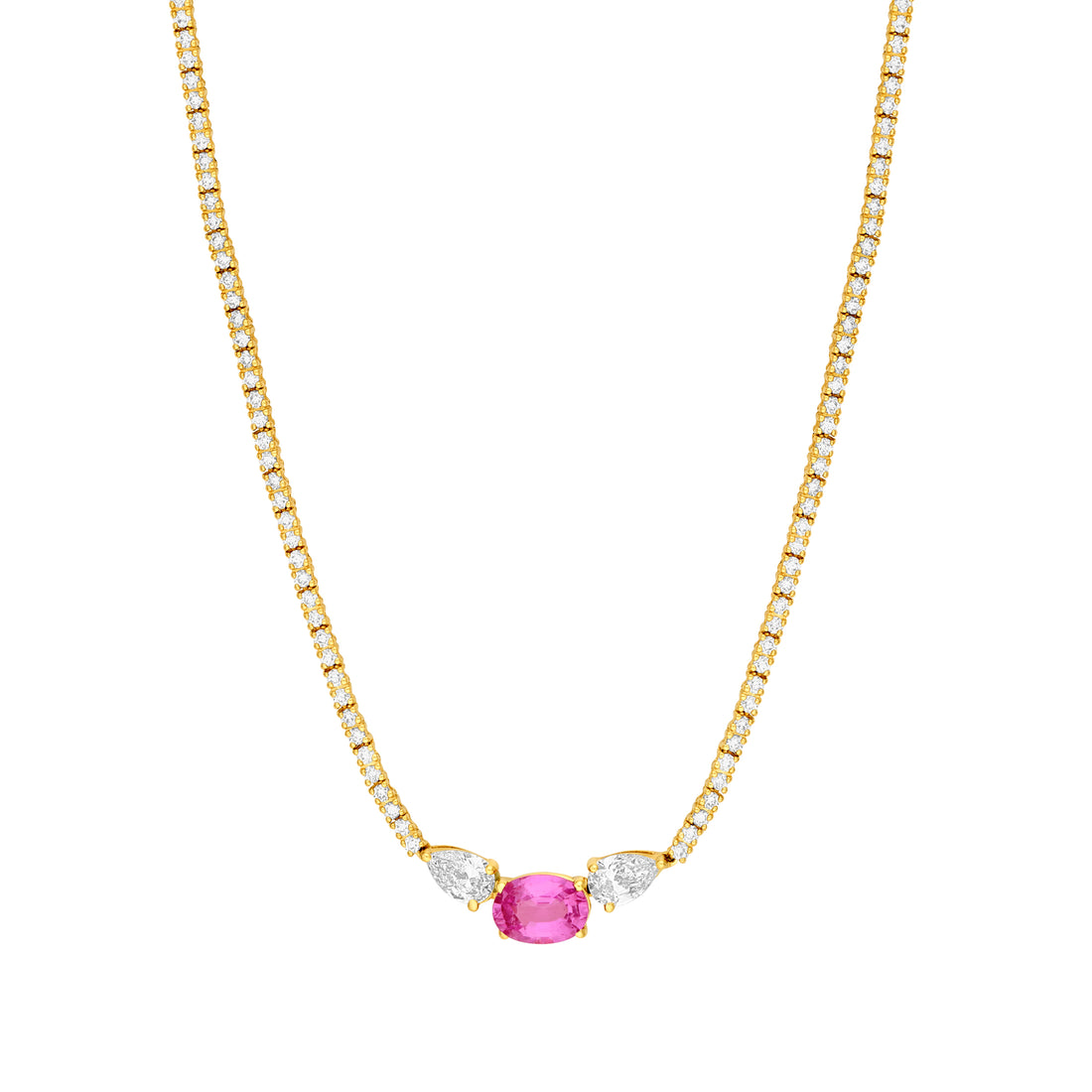 Oval Pink Sapphire and Pear Diamond Tennis Necklace