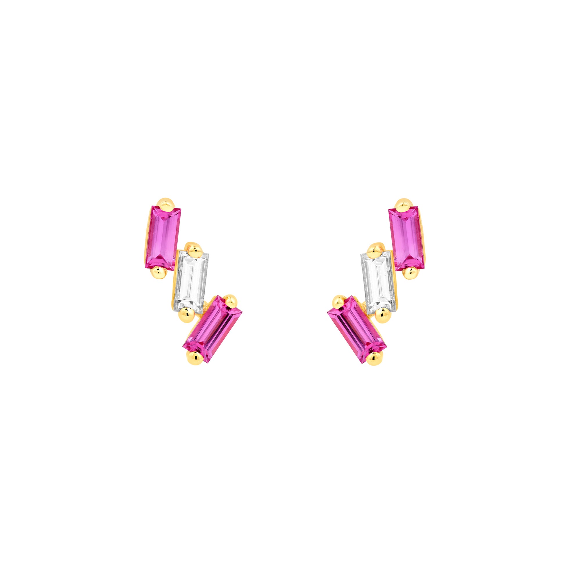 7/8tcw Square Baguette Pink Sapphire & Diamond Stud Earrings