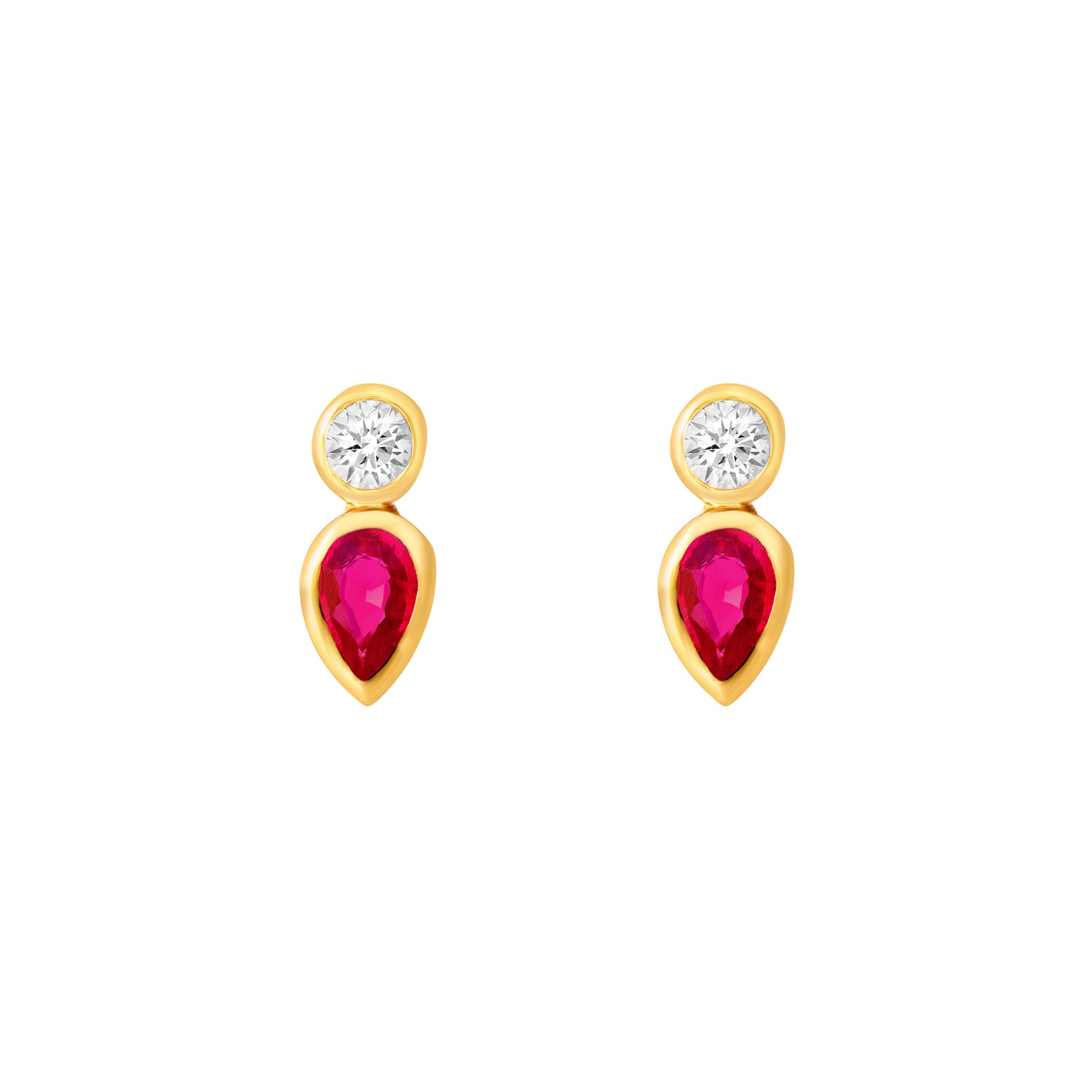 1/4tcw Pear Shape Ruby & 1/10tcw Round Diamond Bezel Earring
