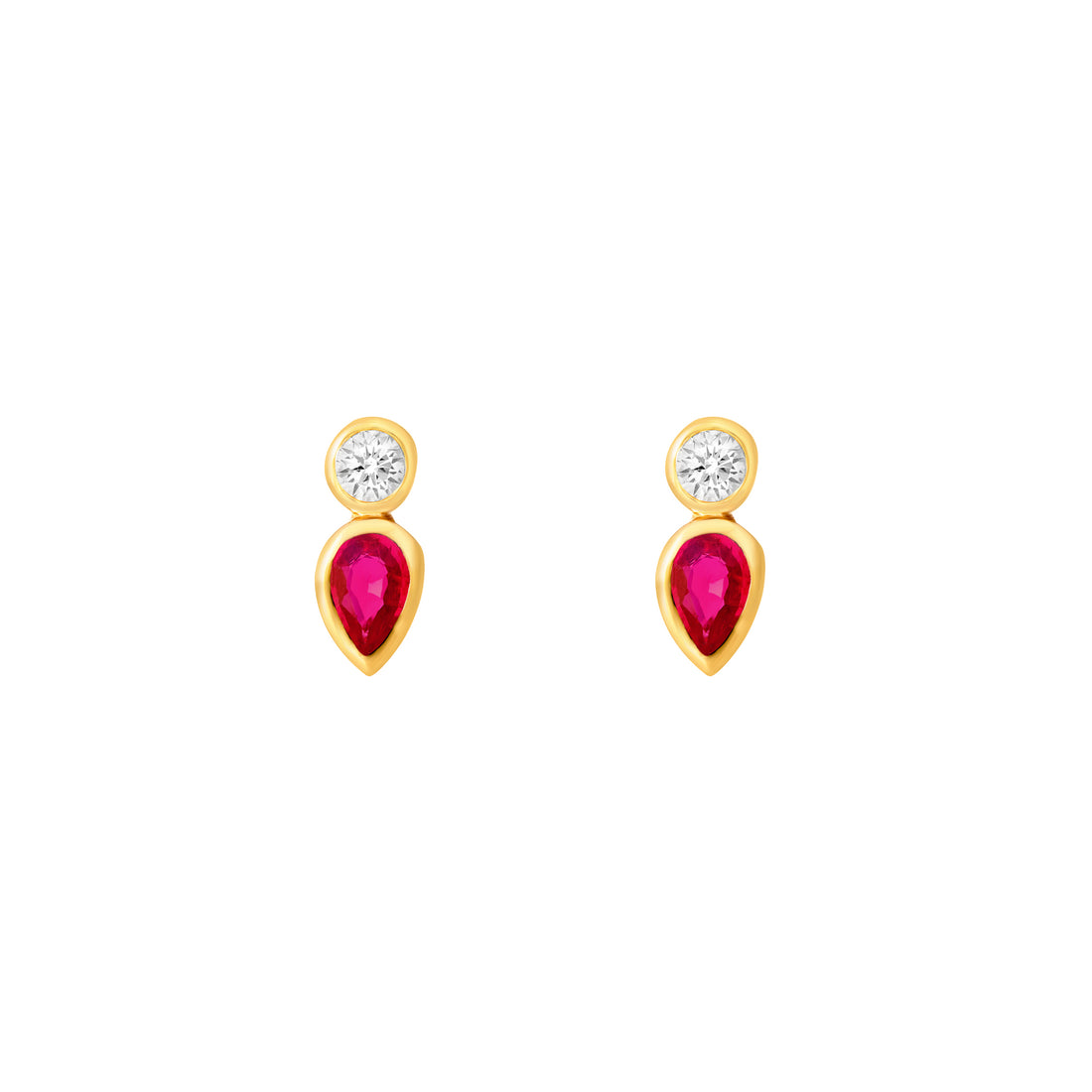 3/8tcw Pear Shape Ruby & Round Diamond Bezel Set Earrings