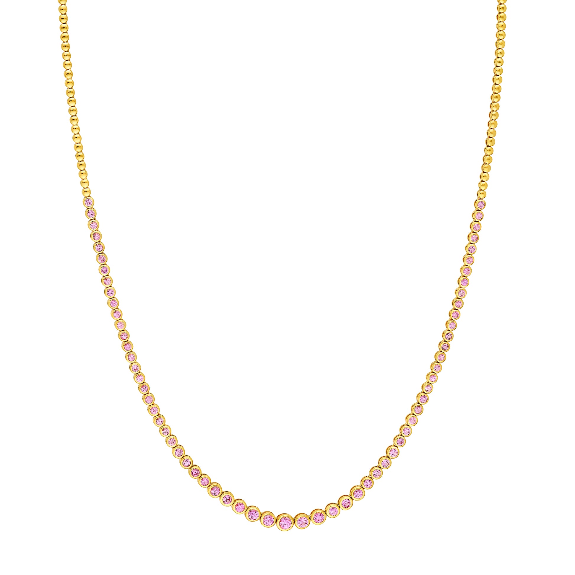 4-1/6tcw Pink Sapphire Graduated Bezel Tennis Necklace