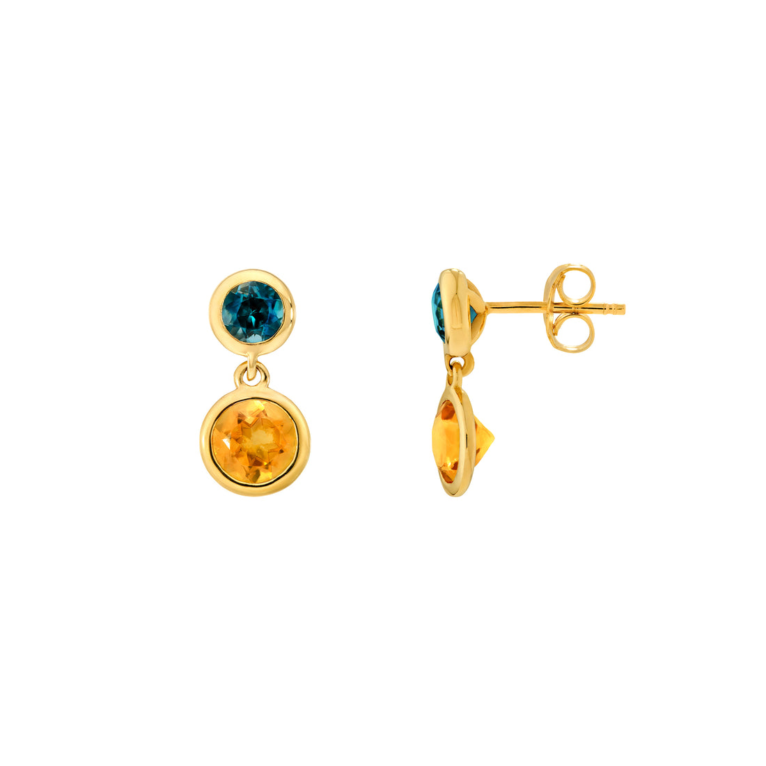 Citrine & Blue Topaz Bezel Drop Earrings