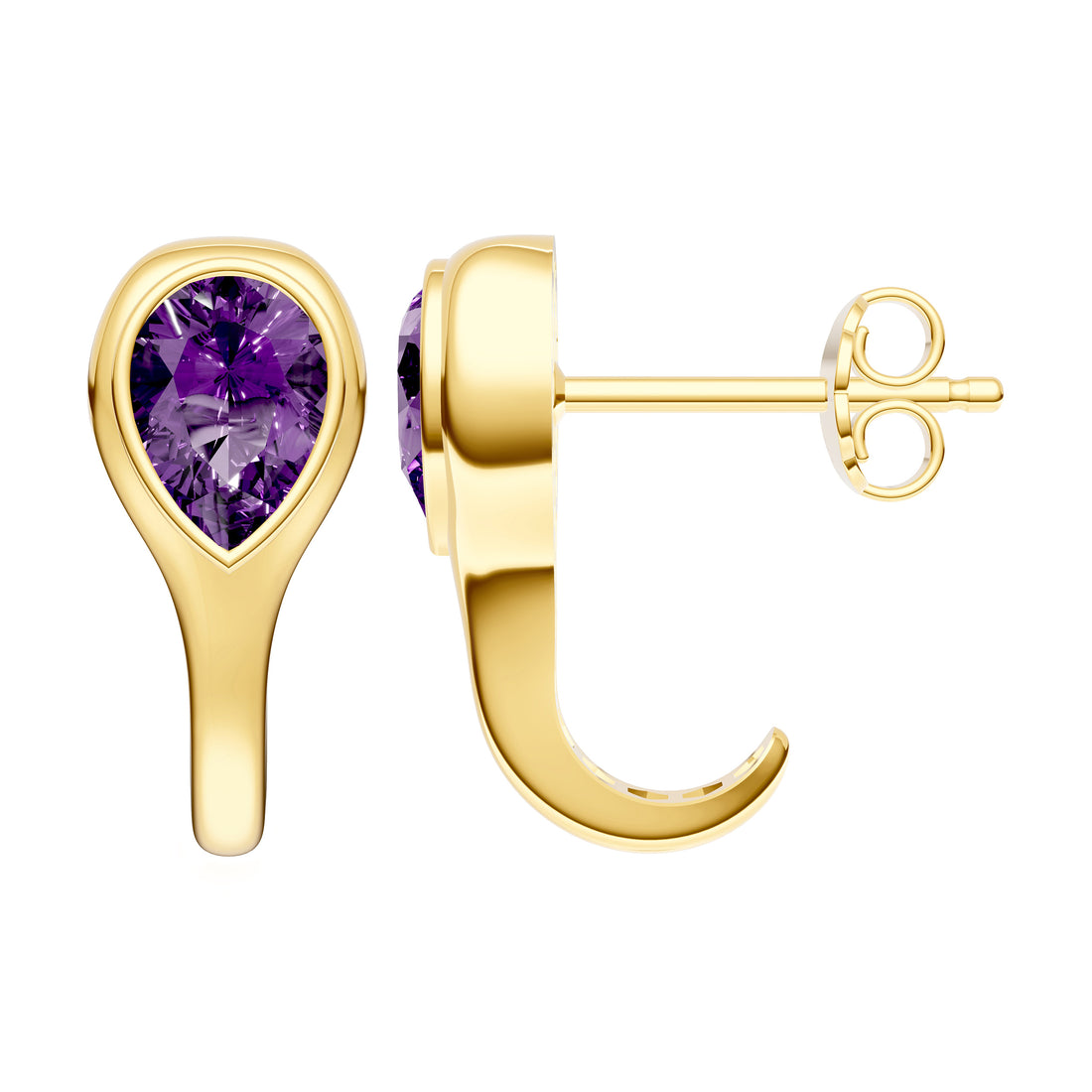 Pear Purple Amethyst Bezel Stud Earrings