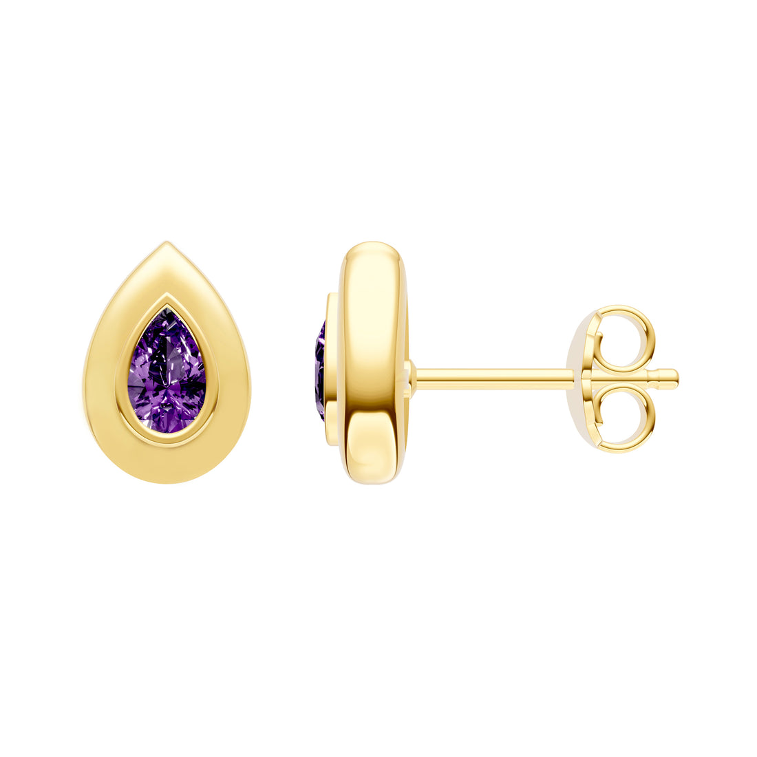 Pear Shape Purple Amethyst Double Bezel Stud Earrings