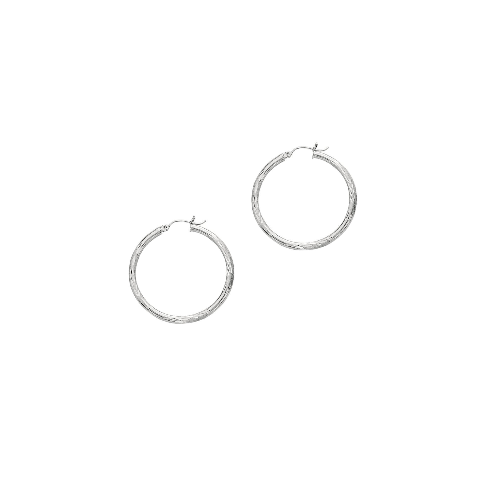 14K White Gold 3mm Diamond Cut & Polished Design Hoop Earring
